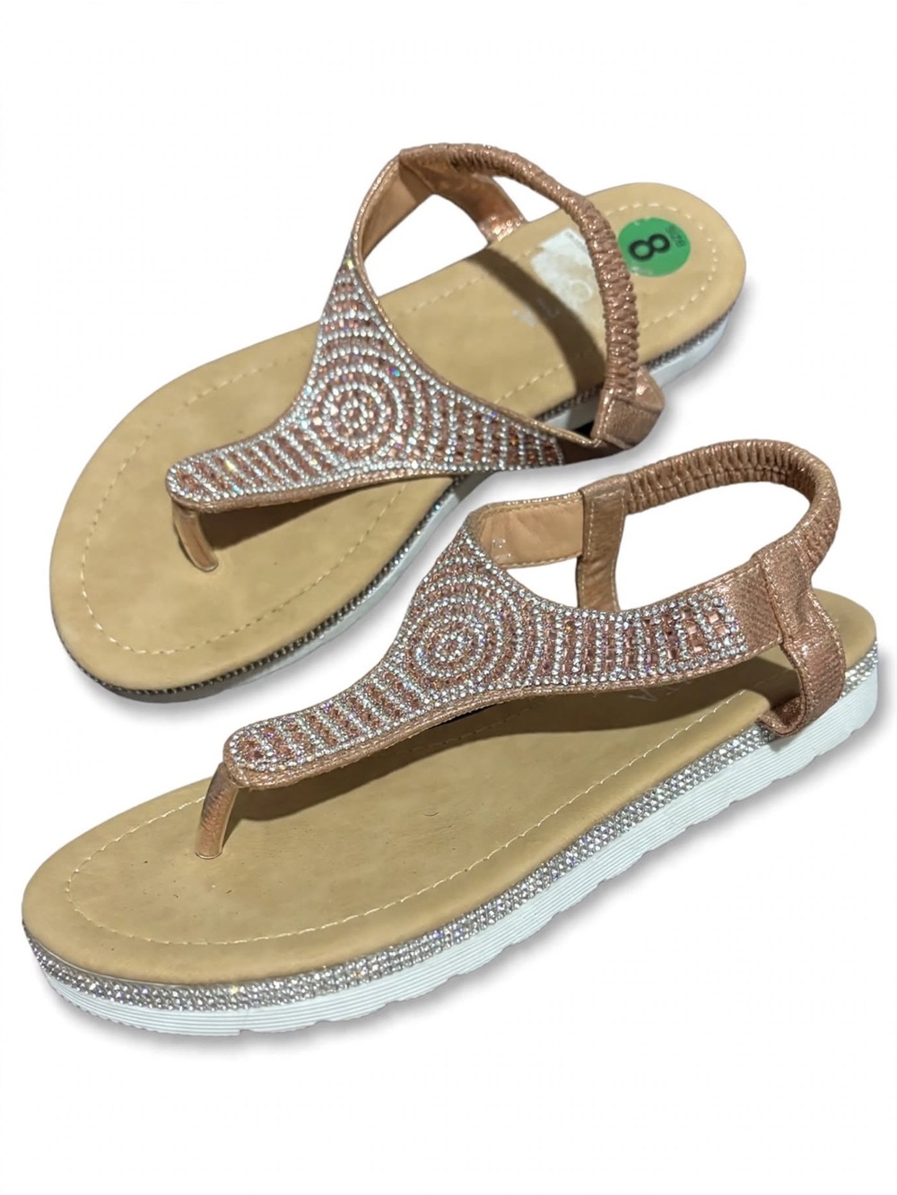 Sparkling Rose Gold Beaded Thong Sandals with Elastic Back Strap